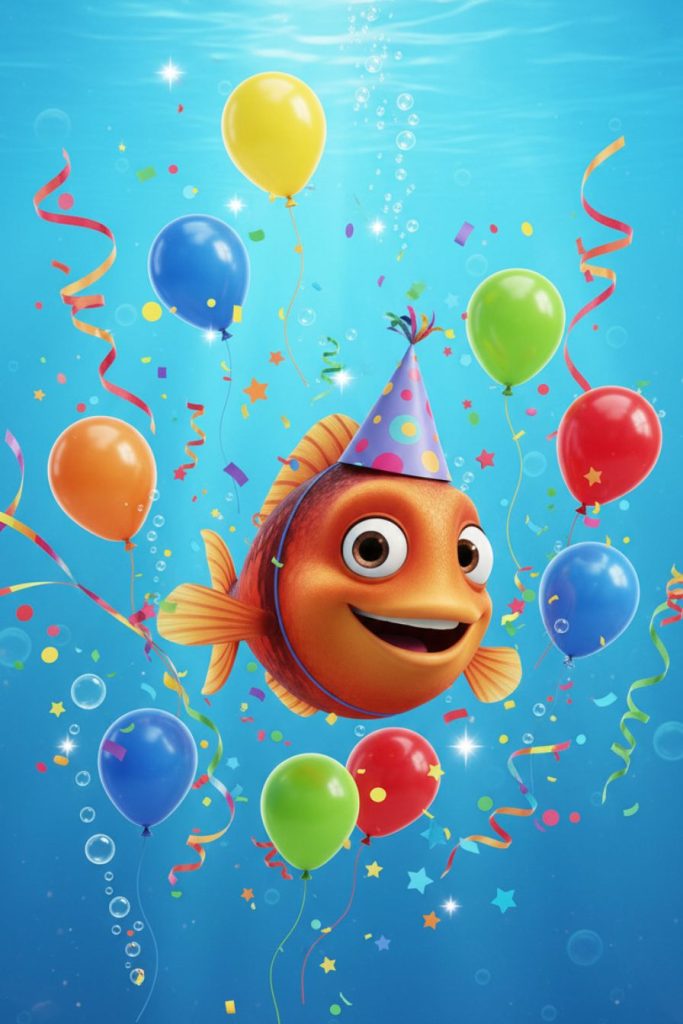 cheerful cartoon fish wearing a party hat