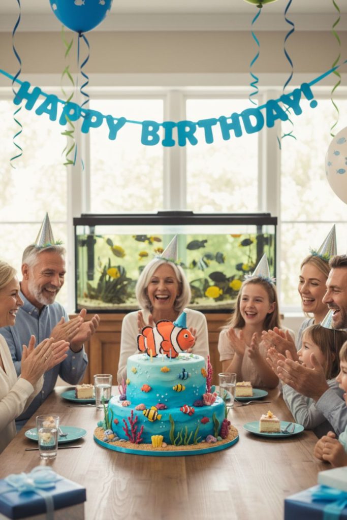 happy family members wearing fish-themed party accessories around the table