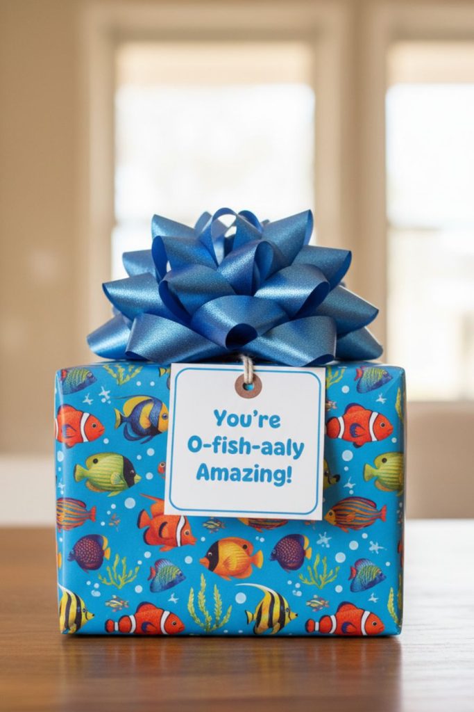 beautifully wrapped gift box with ocean-themed wrapping paper featuring colorful fish patterns