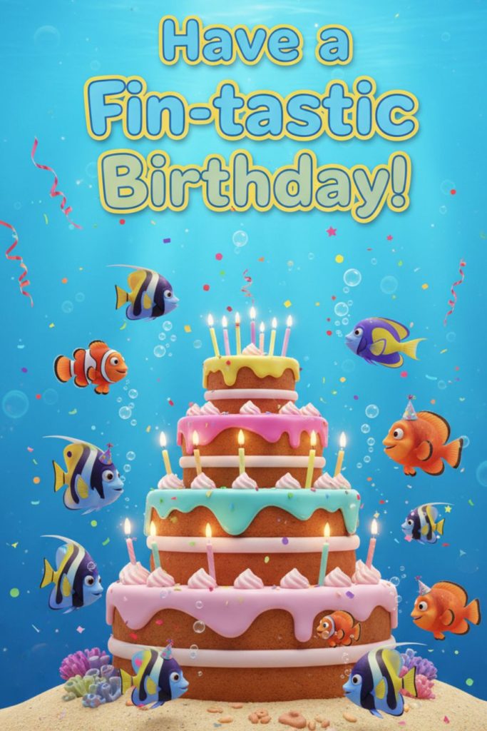 fish swimming around a birthday cake underwater